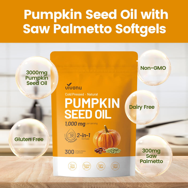 [Australia] - Pumpkin Seed Oil with Saw Palmetto Capsules | Cold Pressed, Pure Virgin Oil, Essential Fatty Acids & Phytosterols | 300 SoftgelsSupports Hair, Urinary, Bladder & Prostate Health | Non-GMO 300p/1bag 