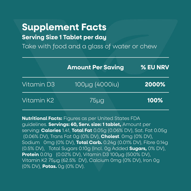 Vegetology Vegan Vitamin D3 K2 4000 IU - Plant-Based Vitamin D Tablets with K2 MK7 75μg - Bone, Muscle & Immune Support - 60 Tablets