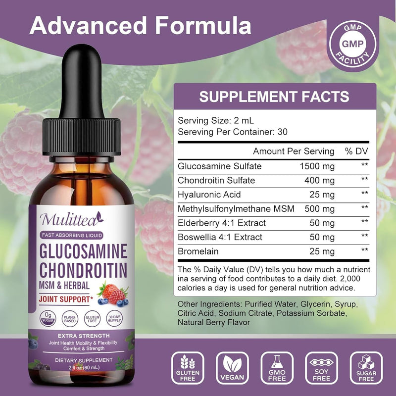[Australia] - Glucosamine Chondroitin MSM Liquid Drops-w/Elderberry, Boswelia &Hyaluronic Acid-Extra Strength Joint Support Supplement for Mobility, Flexibility & Bones,High Absorption,60ml (2 fl oz) Blueberry 2 Fl Oz (Pack of 2) 