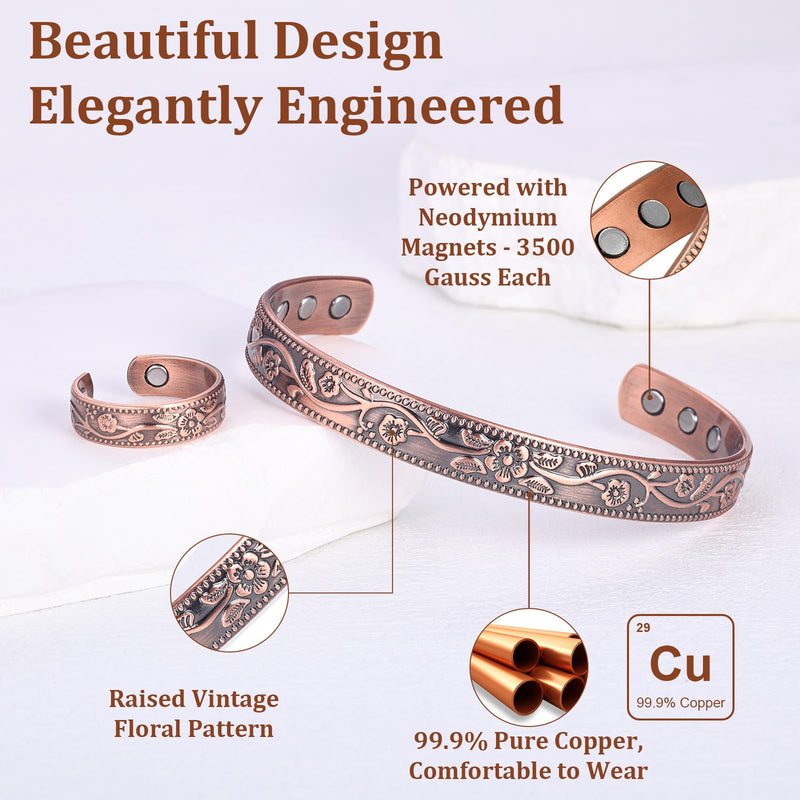 [Australia] - BioMag Copper Bracelet & Ring for Women, 99.99% Pure Copper Magnetic Bracelet Lymphatic Drainage Rings with 3500 Gauss Magnets, Adjustable & Flower Pattern 