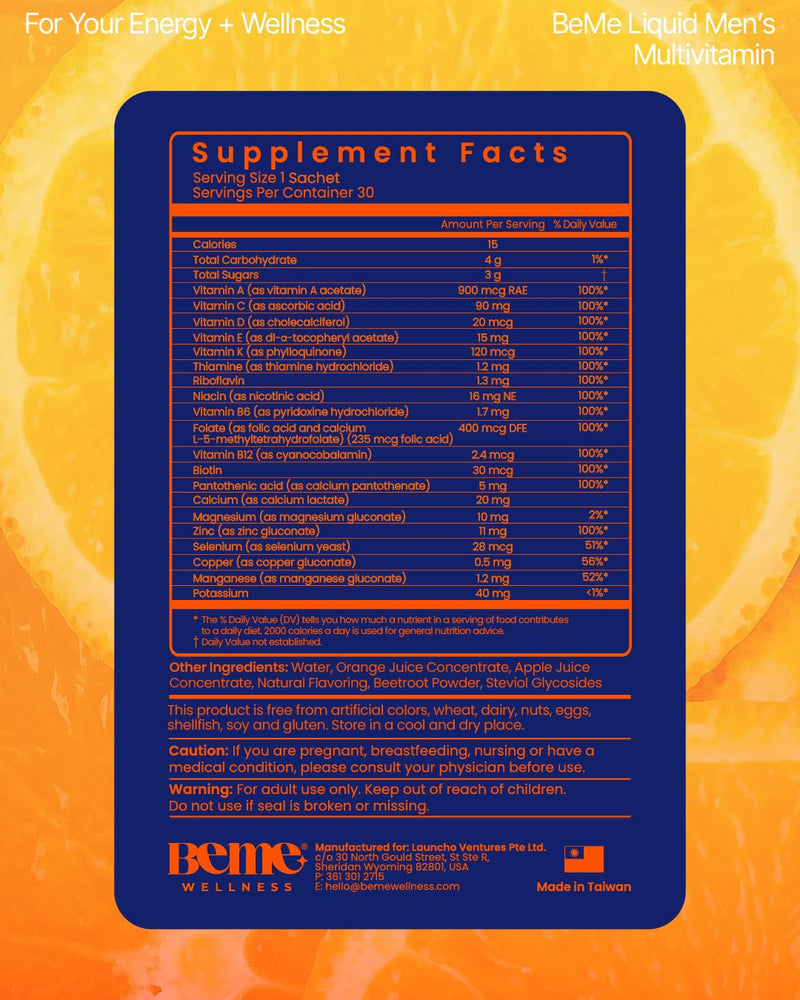 BeMe Liquid Multivitamins for Men - Advanced Liquid Delivery System with 13 Vitamins & Minerals - Tear & Go Sachets, Non-GMO, Orange Flavor (30 Sachets) Orange - Men 21 Fl Oz (Pack of 1)