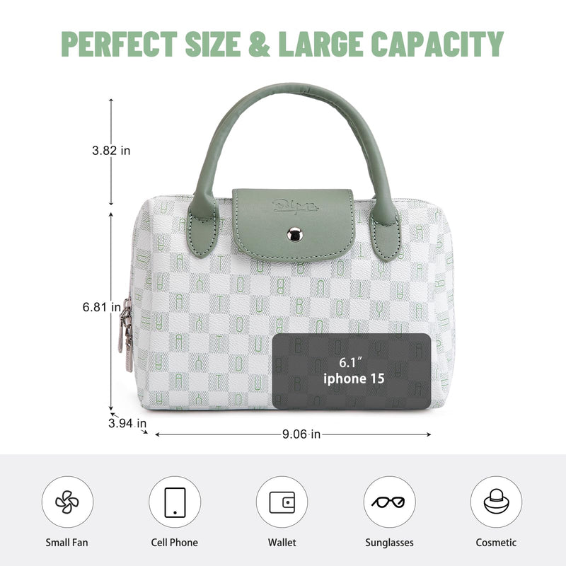 BOYATU Checkered Makeup Bag Organizer with Handle: Large Travel Cosmetic Bag Holds 10+ 100ml Full-Size Bottles for Date & Trip - Waterproof Leather Toiletry Pouch 3-sec Touch-up for Chic Woman(Green) A-3-Green