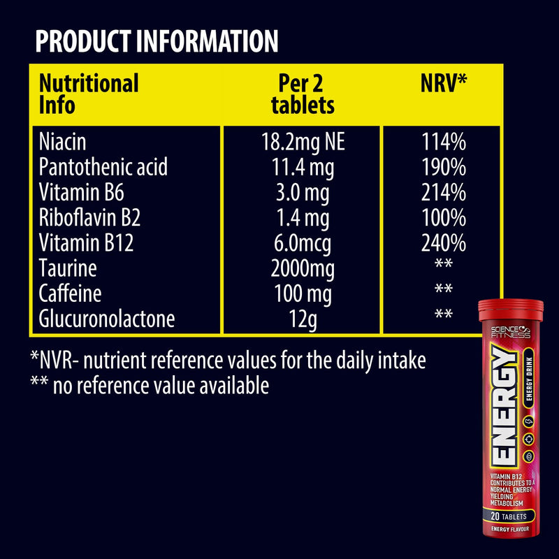 Energy Effervescent Tablets with Caffeine & Taurine by Science Fitness - for Improved Energy, Vision & Concentration - Contains Niacin, Pantothenic Acid, Vitamin B6 & B2-20 Tablets (6 Tubes) 6 Tube