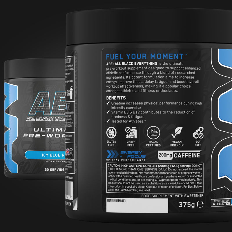 Applied Nutrition Bundle ABE Pre Workout 375g + 750ml Steel Protein Shaker | All Black Everything Pre Workout Powder, Energy & Physical Performance, Creatine, Beta Alanine (ICY Blue Raz) ICY Blue Raz