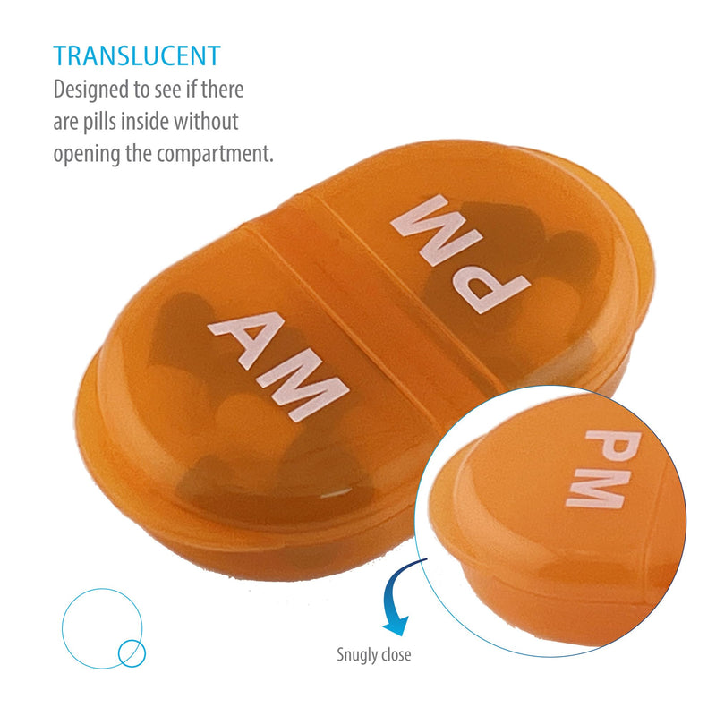 Deke Home - Pill Organizer AM PM, 2 Compartment Pill Box for Pocket or Purse, Small Daily Medicine Case, Travel Pill Holder, Easy Open Pill Container for Seniors, Vitamins & Supplements (Orang) Orange