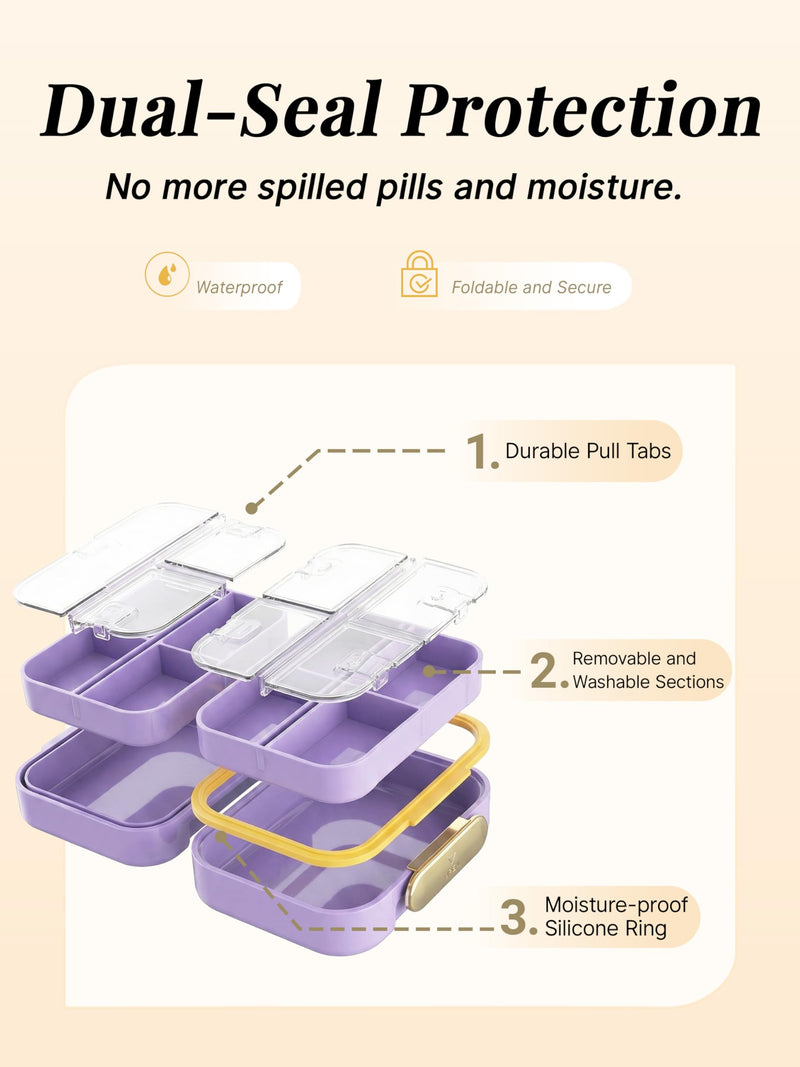 Small Pill Case Travel Pill Box with 7 Compartments for Purse - Compact Pill Organizer for Medicine Vitamin - Portable Container for Supplements & Fish Oil - Lavender