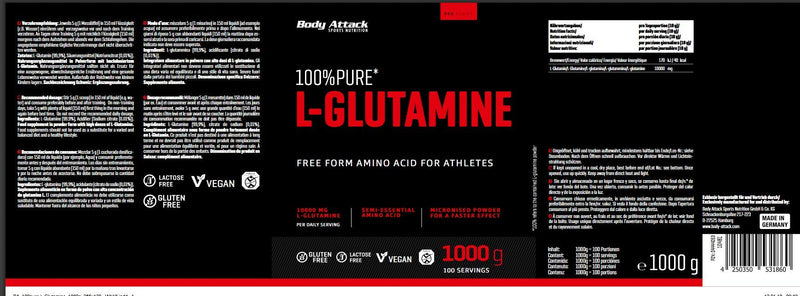 [Australia] - Body Attack 100% Pure L-Glutamine, 1 pack (1 x 1000g) 1 kg (1 pack) 