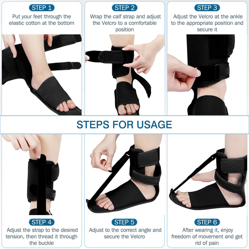 Upgrade Plantar Fasciitis Night Splint & Relief Brace with Adjustable Straps - Support for Achilles Tendonitis, Heel Spur Pain, Day & Night Use Black 1