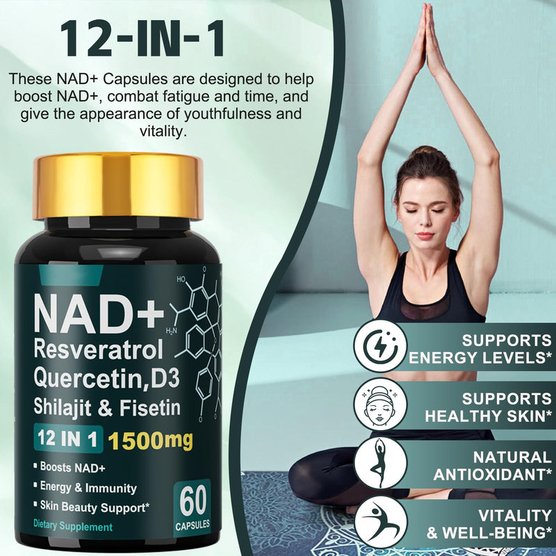 Dr.HR NAD+ Resveratrol Vitamin D3 Quercetin & Fisetin, Anti Aging NAD Supplements 1500mg for Women & Men Support Energy Skin Health Vitality & Immunity 60 Capsules