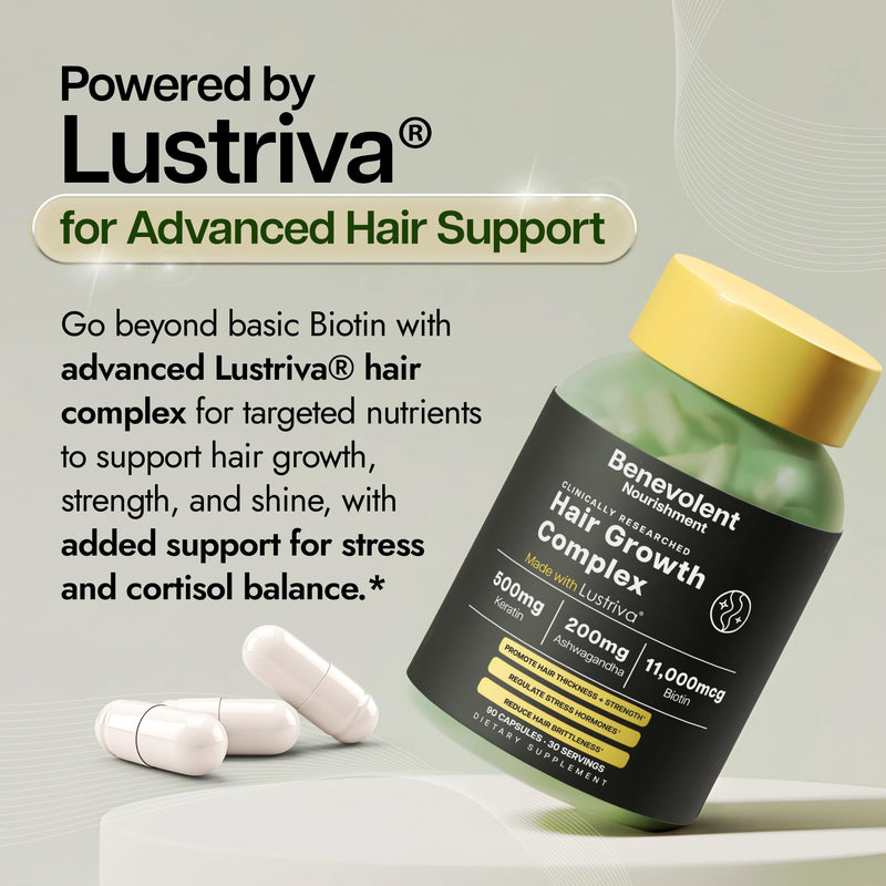 Benevolent Lustriva Hair Growth Supplement with Keratin & Biotin – 90 Count | Advanced Hair Vitamins for Thicker-Looking, Stronger Strands, Support for Stress-Related Thinning in Women & Men 90 Count (Pack of 1)