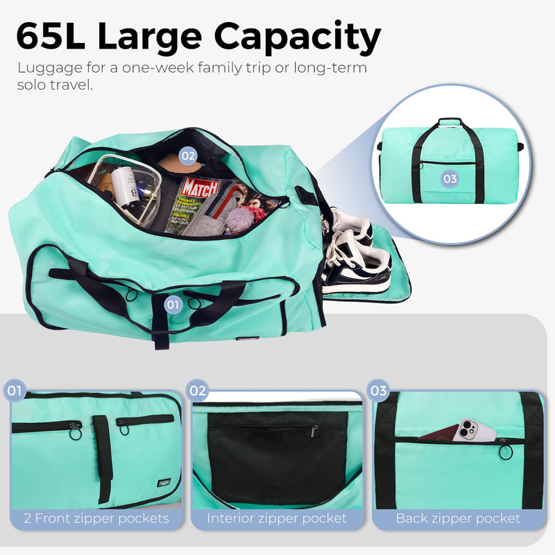 65L Duffle Bag Foldable Travel Duffel Bags for Men Women Travel Bag | Shoes Compartment, 65L Large Capacity, Foldable, Packable, Water Repellent, Tear Resistant, for Traveling Gym Overnight Camp Glossy Mint Green