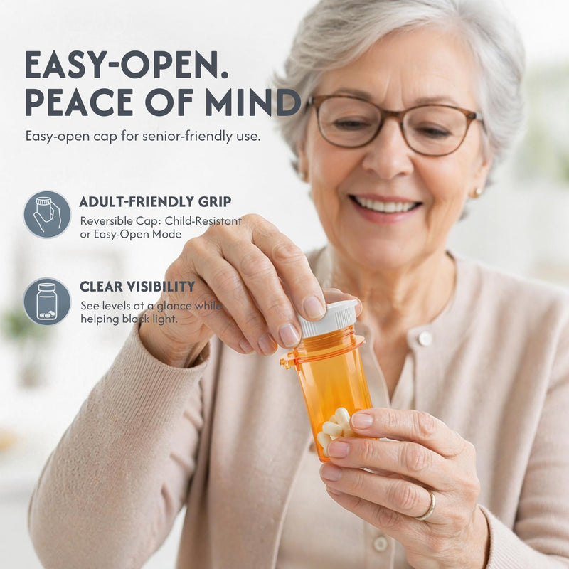 Zoeynex 8-Pack 20DR Amber Pill Bottles, Reversible Child-Resistant Caps | 75mL PP5 plastic vials, 16 writable labels, travel bottles for tablets, capsules, vitamins, supplements and small items 20 Dram (8 Pack)