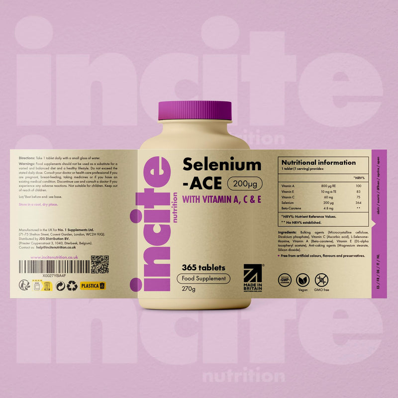 Incite Nutrition Selenium Tablets 200mcg. 12 Month Supply of Essential Mineral Supplements. Selenium Nail Supplements with Vitamins A, C and E, to Combat Oxidative Stress Selenium Ace