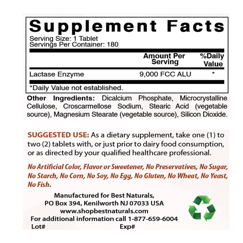 [Australia] - Best Naturals Lactose Intolerance Relief Tablets with Natural Lactase Enzyme, Fast Acting High Potency Lactase, 9000 FCC ALU, 180 Count 180 Count (Pack of 1) 
