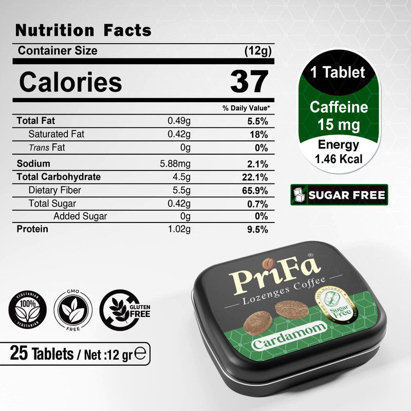 [Australia] - Prifa Cardamom Coffee Tablets- Pocket Coffee, Coffee Candy- Instant solution for Coffee Cravings, No Water Needed- Unsweetened- Keto- Vegetarian- 25 Coffee Bean-Shaped Tablets in Pocket-Sized Tin 
