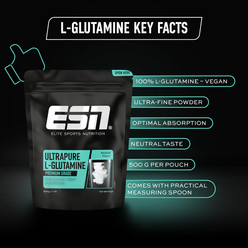 ESN Ultrapure L-Glutamine Premium Grade, Neutral Flavor, 500 g, 1.1 lbs, 100 Servings - Vegan - Pure L-Glutamine, Micronized, Made in Germany Laboratory Tested 500 Servings (Pack of 1)