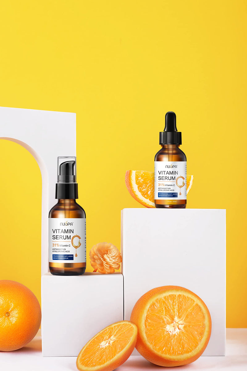 Organic Vitamin C Serum for Face 31% Vitamin C Facial Serum Anti Aging Serum Reduces Age Spots, Face Dark Spots, Sun Damage, Skin Brightening Facial Serums with Hyaluronic Acid and Astaxanthin 1.02 Fl Oz (Pack of 1)