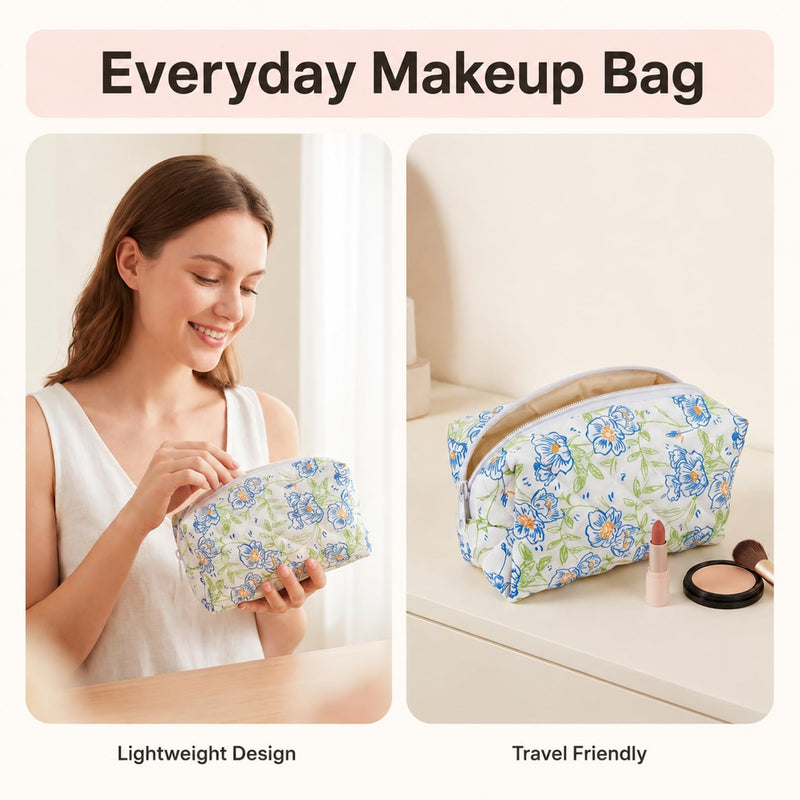 10 Pcs Cotton Makeup Bag, Quilted Floral Makeup Bags, 7.8x4.7x3.1 in | Cotton Floral Cosmetic Pouch, Quilted Travel Makeup Bags with Zipper for Women Bridesmaid Gifts Daily Use