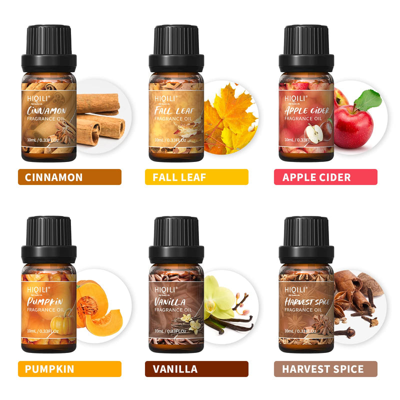 [Australia] - HIQILI Spice Fragrance Oil, Scented Oil 6x10ml for Candle Making Soap Slime, Fall Essential Oils for Diffuser Home, Cinnamon Pumpkin Vanilla Apple Cider Harvest Spice Fall Leaf, Christmas 0.33 Fl Oz (Pack of 6) 