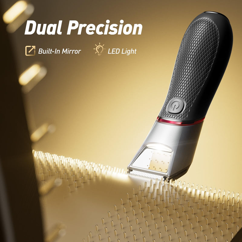 Body Hair Trimmer for Men: Pubic Hair Trimmer with Mirror & LED Light - Electric Ball Shavers with Ceramic Blades & Travel Lock - Body Groomer IPX7 Waterproof Wet or Dry Use for Groin/Legs/Chest Black