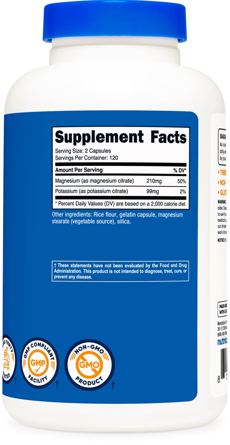 [Australia] - Nutricost Potassium (99 mg) Magnesium (210 mg) Citrates, 240 Capsules - Non-GMO, Gluten Free Unflavored 240 Count (Pack of 1) 