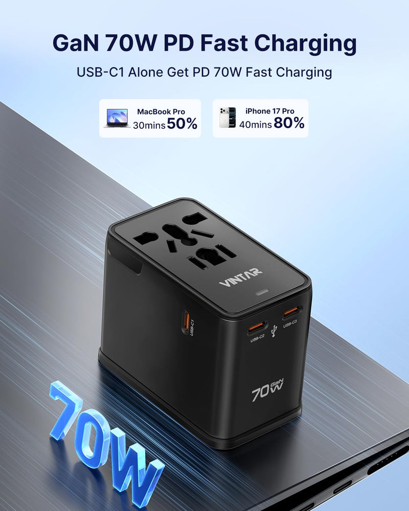 VINTAR Universal Travel Adapter 70W GaN, 5-in-1 with 3USB-C PD & 1USB-A QC | International Power Adapter, Fast Charging for Laptops/Tablets/Phones, All-in-One Travel Essentials for EU/UK/US/AU, Black 70W Black1