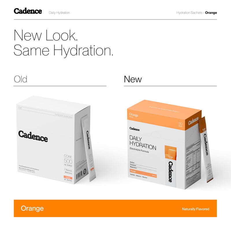 Cadence Daily Electrolyte Hydration Sachets - Essential Electrolytes Powder - Sodium, Potassium & Magnesium - Sugar Free, Zero Caffeine, Vegan - Everyday Use for Rehydration - Orange - 30 Sachets