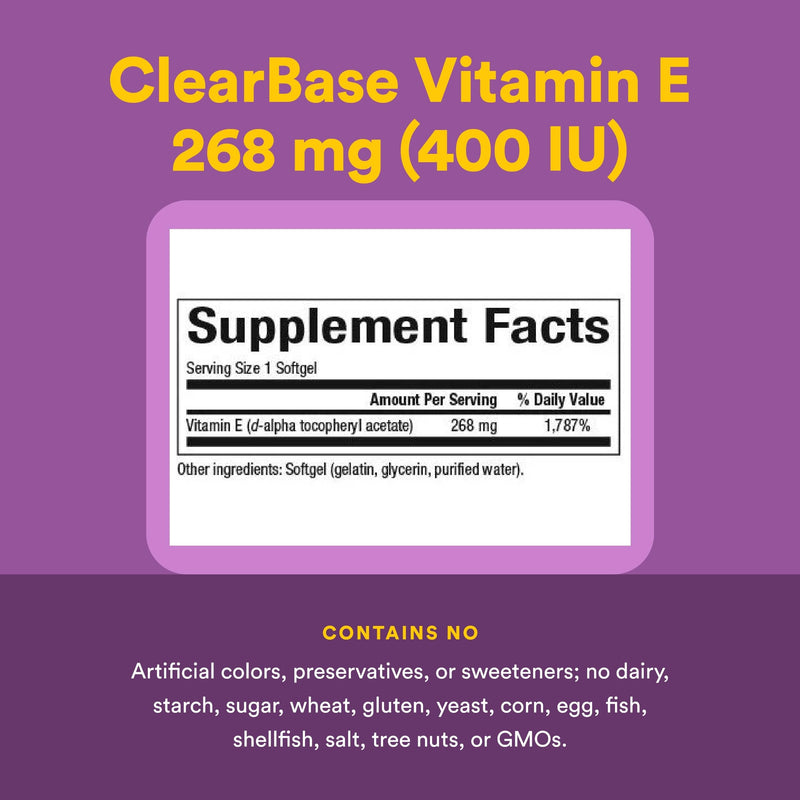 Natural Factors, Clear Base Vitamin E 400 IU, Antioxidant Support for Cardiovascular and General Health, 60 softgels (60 servings) 60 Count (Pack of 1)