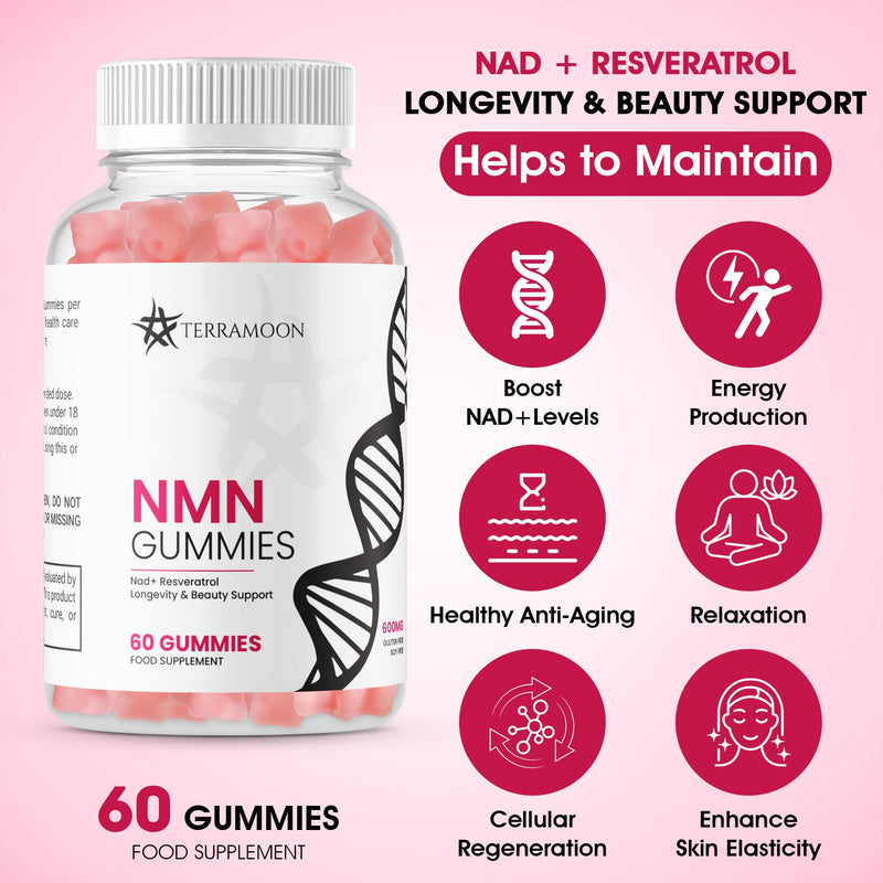 NMN Gummies, NAD+ Resveratrol, 600mg, 2 Month Supply for Longevity and Beauty Support Supplement, 60 Count,