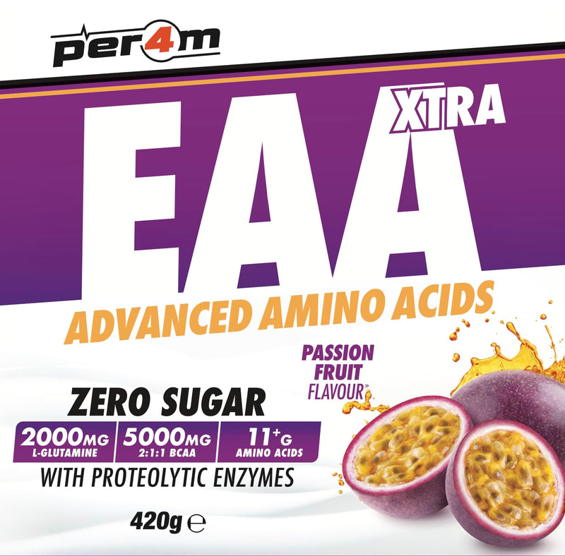 Per4m EAA Xtra/Amino Xtra | 30 Servings of Full Spectrum EAA with Proteolytic Enzymes | Vegan Friendly | Zero Sugar Amino Acid (420g, Passionfruit)