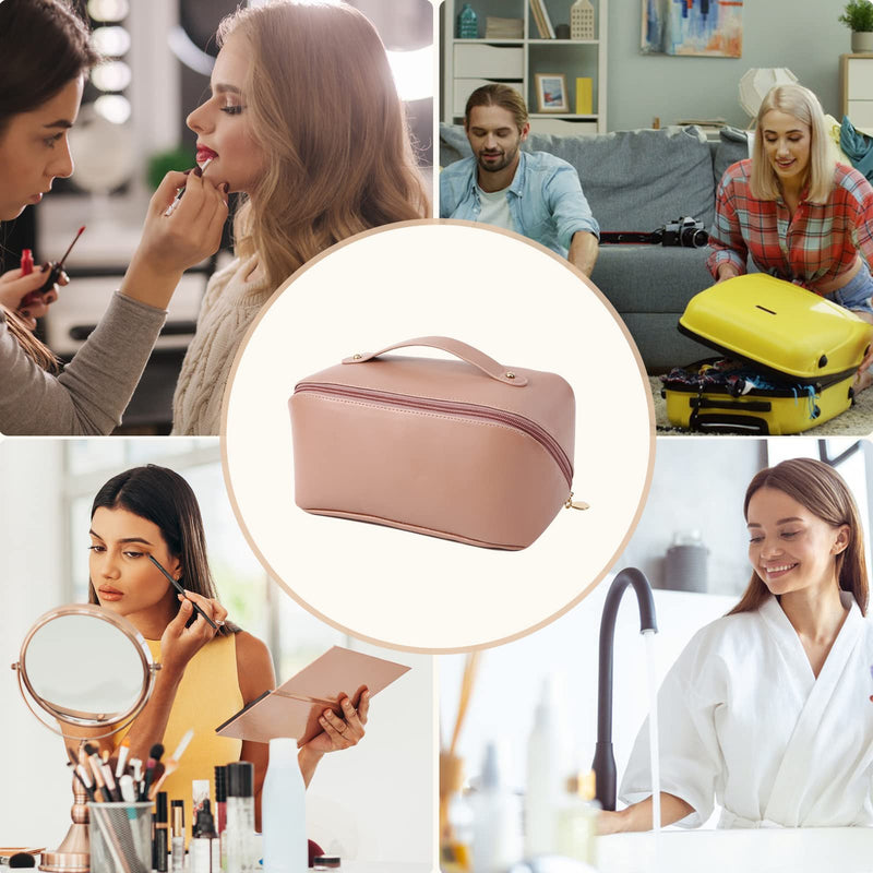 Large Capacity Travel Cosmetic Bag Make Up Bag with Handle and Zipper Multifunction Waterproof Toiletry Bag PU Travel Organiser Bag Wash Bag for Women Ladies Girls Pink A L