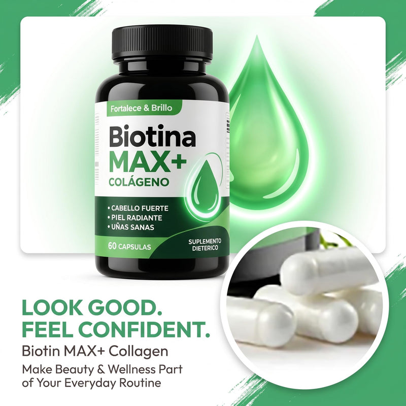 Biotina Max Colageno Capsulas - Biotin & Collagen Complex with Vitamins, Daily Beauty & Wellness Formula, Hair & Skin Care Supplement - 60 Capsules