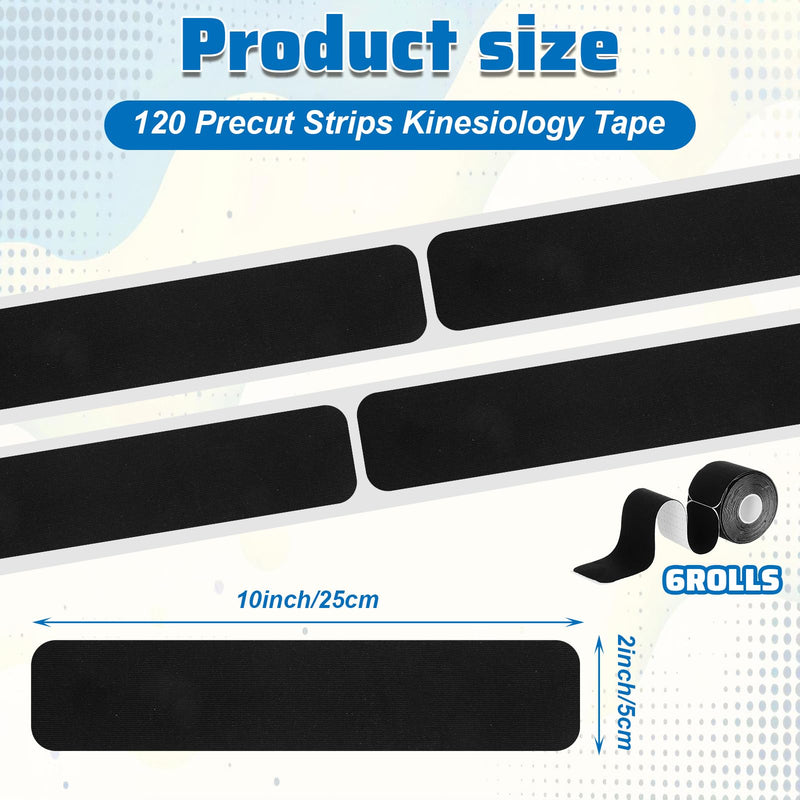 [Australia] - 6 Rolls Black Kinesiology Tape, 120 Count Precut Strips Kinetic Tape Cotton Elastic Athletic Tapes Latex Free, Elastic Athletic Tapes for Ankle Muscle Knee Elbow Shoulder Muscle Pain Relief, 2” x 10” 