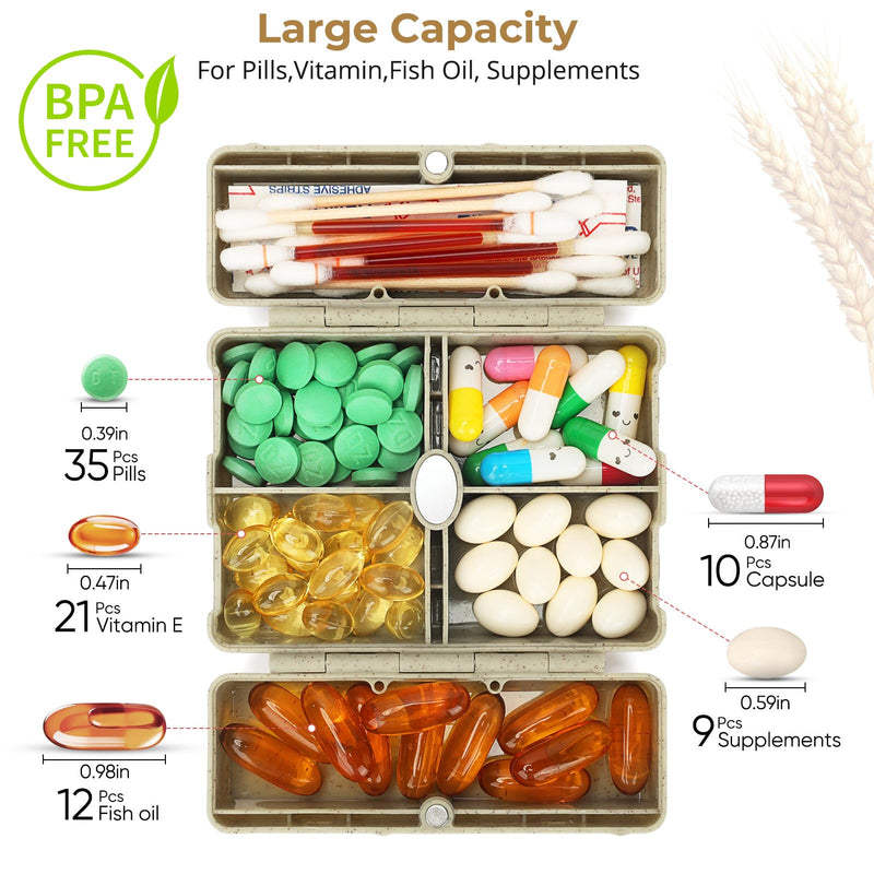 Zentiky Pill Organizer with Blank Labels,6 Compartment Small Pill Box-Khaki | Travel Organizer, Fit with Your Purse or Pocket to Hold Vitamin, Fish Oil, Supplement,Cotton Swabs, Bandages Khaki S