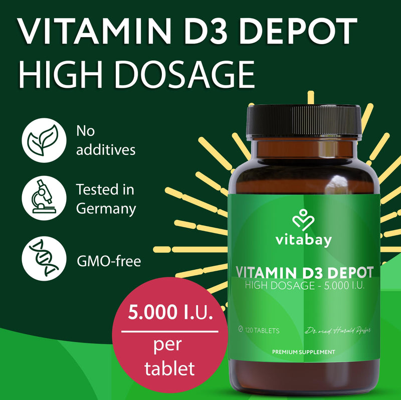 Vitabay Vitamin D3 5,000 IU - 120 high Dosage and time-Released Vitamin D Tablets - Vegan and Laboratory Tested 17 g (Pack of 1) D3 5.000