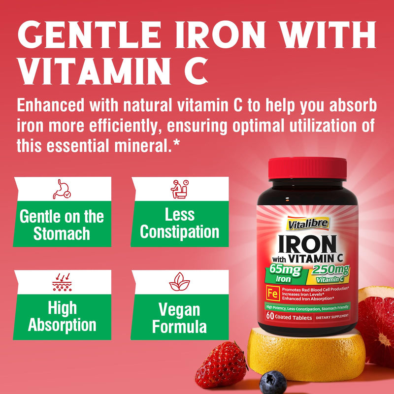Iron Supplement for Women & Men, with Vitamins C, B6, B12 & Folate + Iron Supplement, 65mg Carbonyl Iron with 250mg Vitamin C