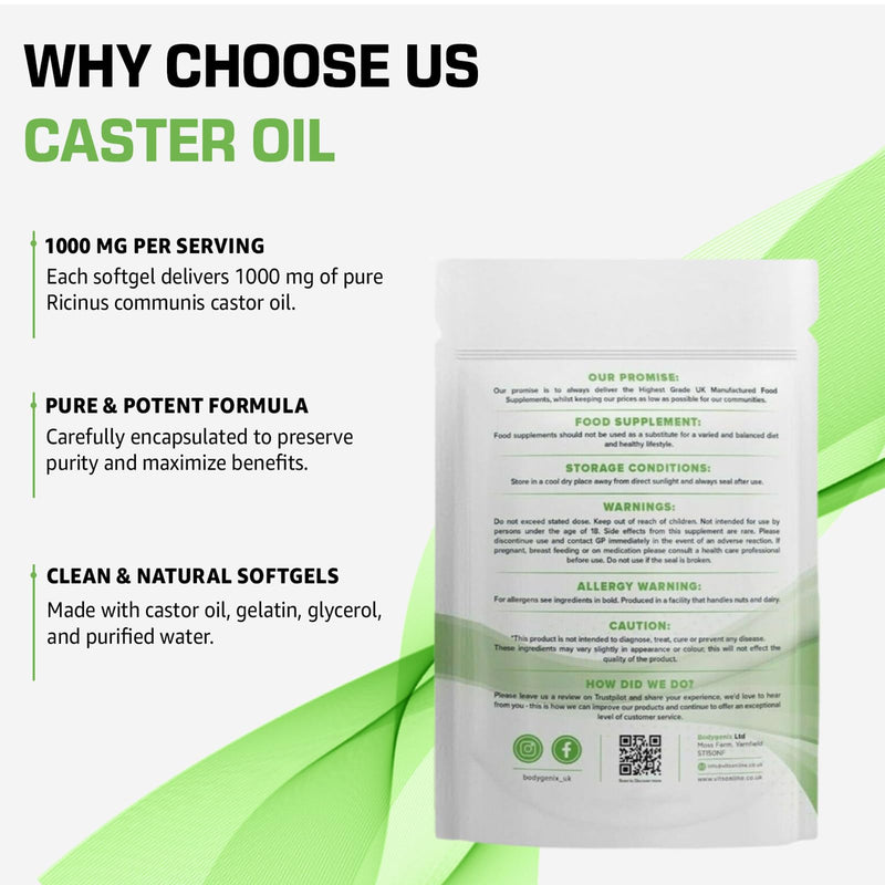 Bodygenix Castor Oil 1000mg Softgel - Supports Immune System Skin Hair Health Joint Wellness Relief Natural Health Supplement - 120 Softgels, 4 Month Supply 120 count (Pack of 1)