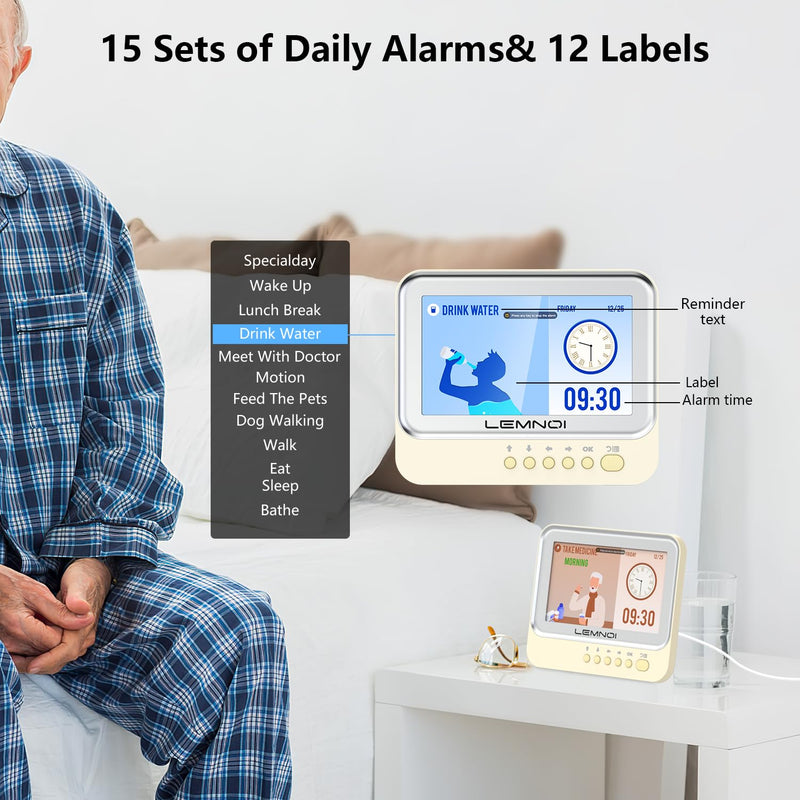 [Australia] - Lemnoi 7 inch digital calendar, senior watch, dementia watch with date and day of the week, 15 alarms and medication reminder, digital alarm clock, dimmable for seniors and dementia sufferers, Alzheimer's disease (white). 