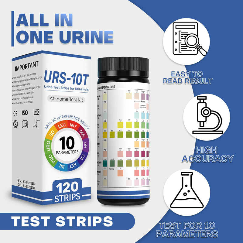 [Australia] - 10-in-1 Urine Test Strips for Urinalysis – Full Panel Urinalysis Test Strips for Protein, Nitrite, Leukocytes, pH, Kidney and Liver Function (120 Strips) 