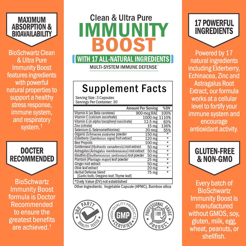 [Australia] - BioSchwartz Immune Support Supplement with Vitamin C 1000mg Zinc Elderberry Extract Ginger Root Beta Carotenes, Immunity Boost for Adults, Natural Immune Defense Antioxidant Vitamins, 90 Capsules 90 Count (Pack of 1) 