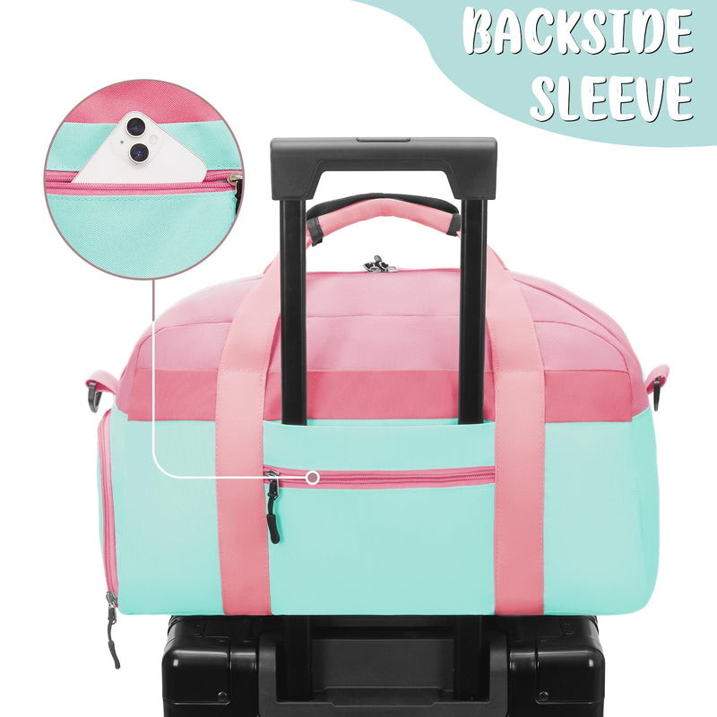 WOOMADA Travel Duffle Bag, Weekend Bag with Wet Pocket & Trolley Sleeve, Overnight Bag With Waist Pack, Fit for Sports Practice, Travel and Gifts(pink green)