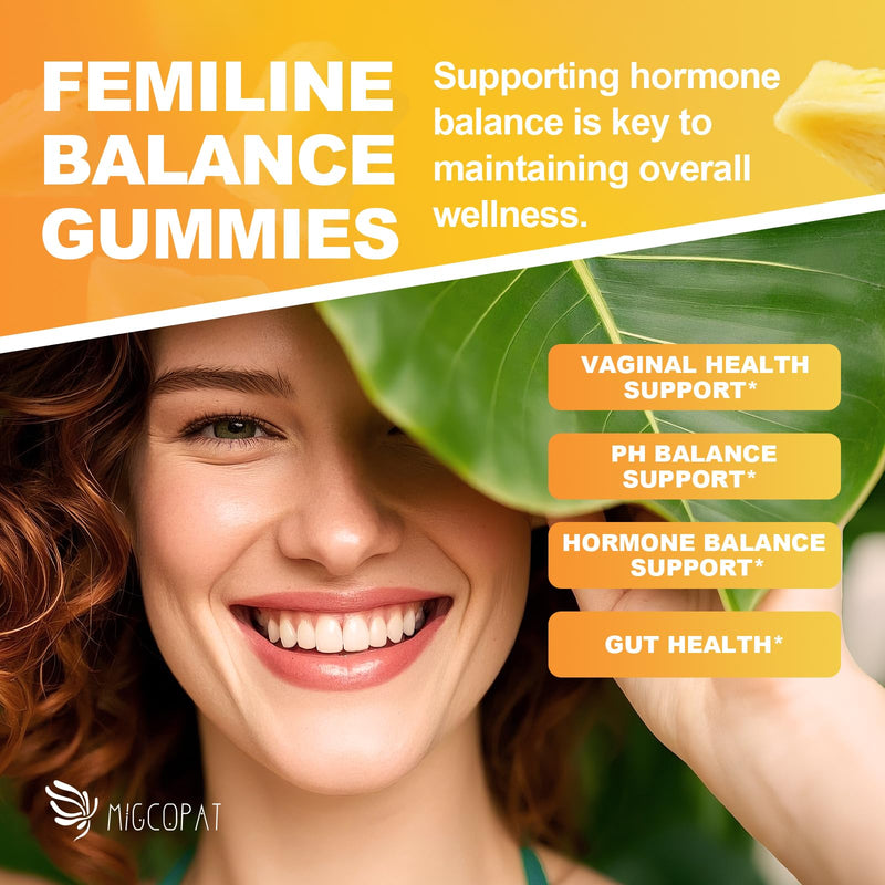 Migcopat Premium Feminine Balance Gummies – 2 Pack, Probiotic + Enzyme Blend for Digestive, Hormone & PH Balance, Pineapple Flavor, 120 Gummies 120 Count (Pack of 1)