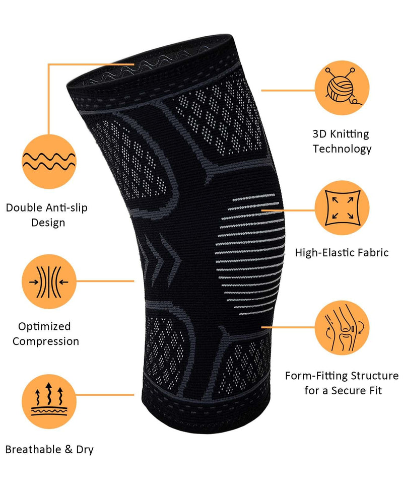 Compression Knee Brace for Men & Women – Knee Support Sleeve for Walking, Running, Sports, Meniscus Tear, ACL Injury, Arthritis Pain Relief 2 Pack Black XX-Large