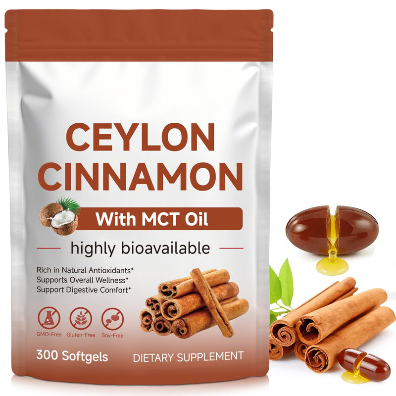 Ceylon Cinnamon Capsules 300 Pcs with MCT Oil, High Bioavailability for Anti-Oxidant, Overall Vitality & Digestive & Metabolic Support, Health Management 300 count (Pack of 1)