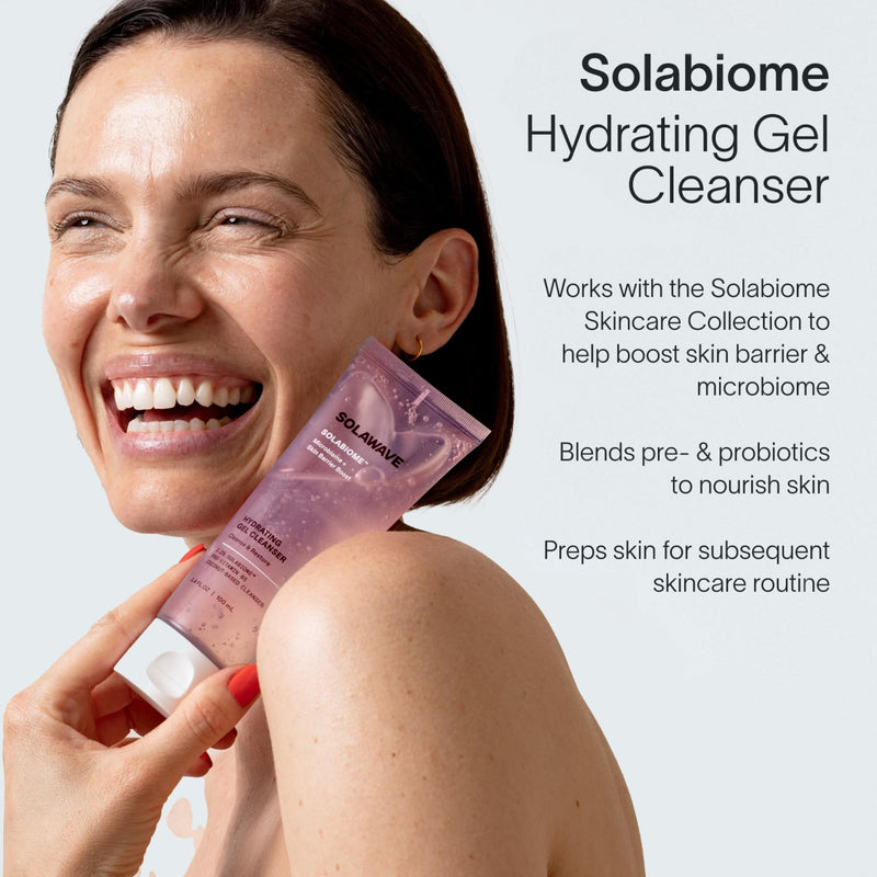 Solawave Probiotic Gel Facial Cleanser - Prebiotics & Pro Vitamin B5, 3.4oz | Gently removes makeup, oil & impurities without stripping the microbiome. Non-irritating, coconut-derived, all skin types.