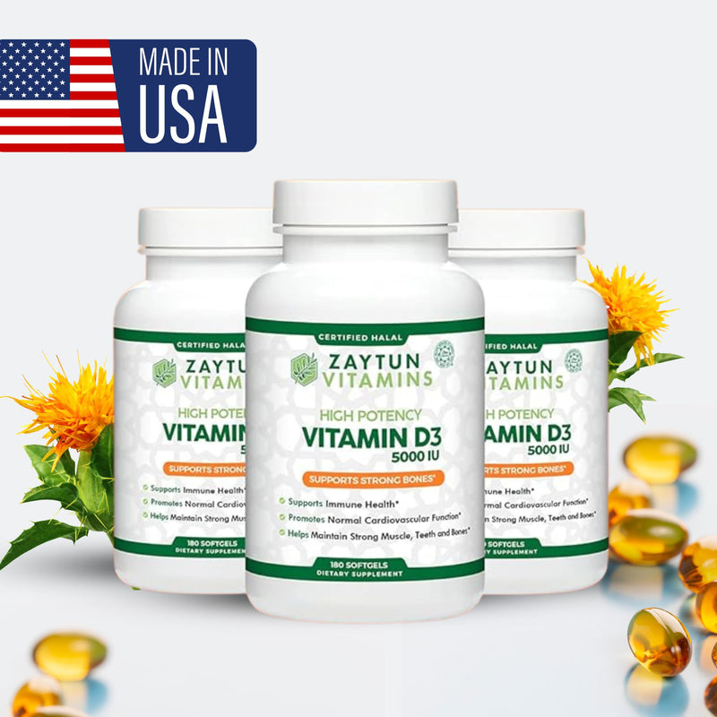 Zaytun Halal Vitamin D3 5000 IU, 6 Months Supply, Supports Bones, Healthy Muscle Function & Immune, Premium Vitamin D from Safflower Oil, Non-GMO, Gluten-Free, 180 Mini Softgels - Made in USA 1