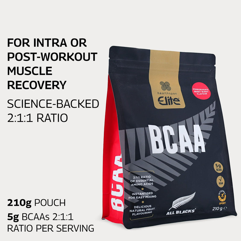 Healthspan Elite All Blacks BCAAs | Pomegranate Berry Burst Flavour | 5g BCAAs for Post-Workout Recovery| 2:1:1 Ratio Backed by Science | L-Leucine, L-Isoleucine, and L-Valine