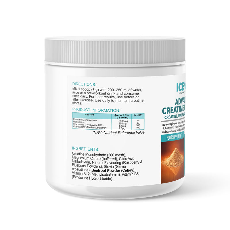Creatine Monohydrate Powder 500g – Micronised 200 Mesh – 5g Per Serving (71 Servings) – Creatine Complex with Magnesium, Vitamin B6 & B12 – Raspberry & Blueberry Flavour – Vegan