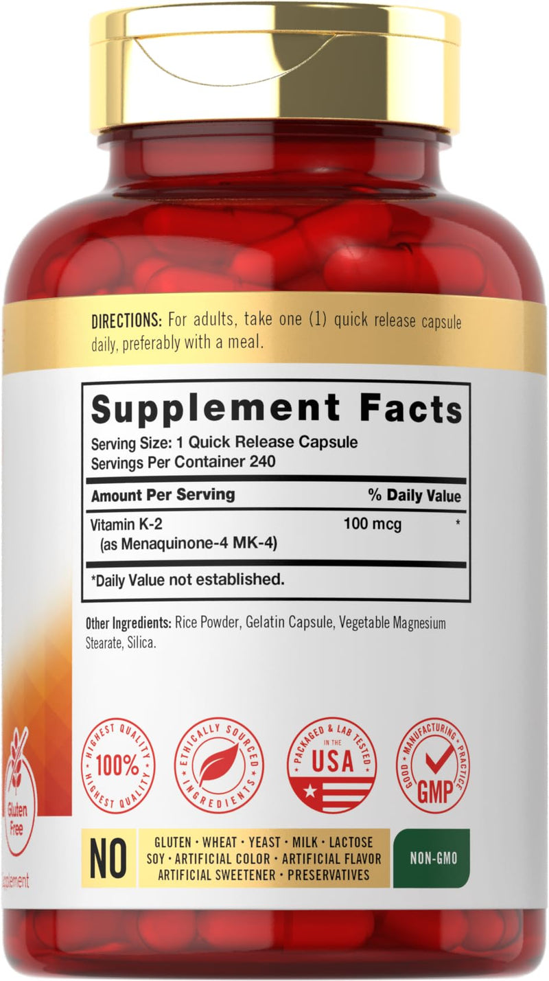 [Australia] - Carlyle Vitamin K2 Supplement 100 mcg | K2 MK-4 | 240 Capsules | Non-GMO & Gluten Free 