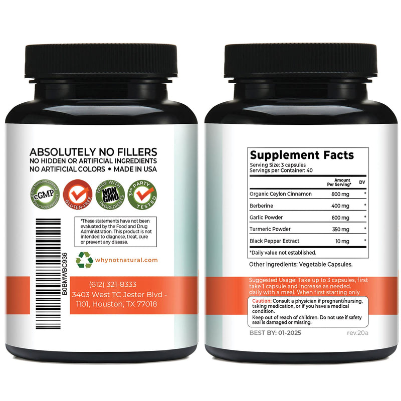 [Australia] - 5-in-1 Organic Ceylon Cinnamon Capsules with Berberine, Garlic, Turmeric, Black Pepper Extract Pills (120 Capsules) 120 Count (Pack of 1) 